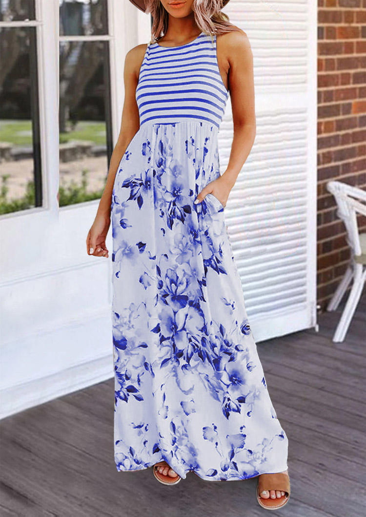 

Maxi Dresses Floral Striped Pocket Sleeveless Maxi Dress in White. Size