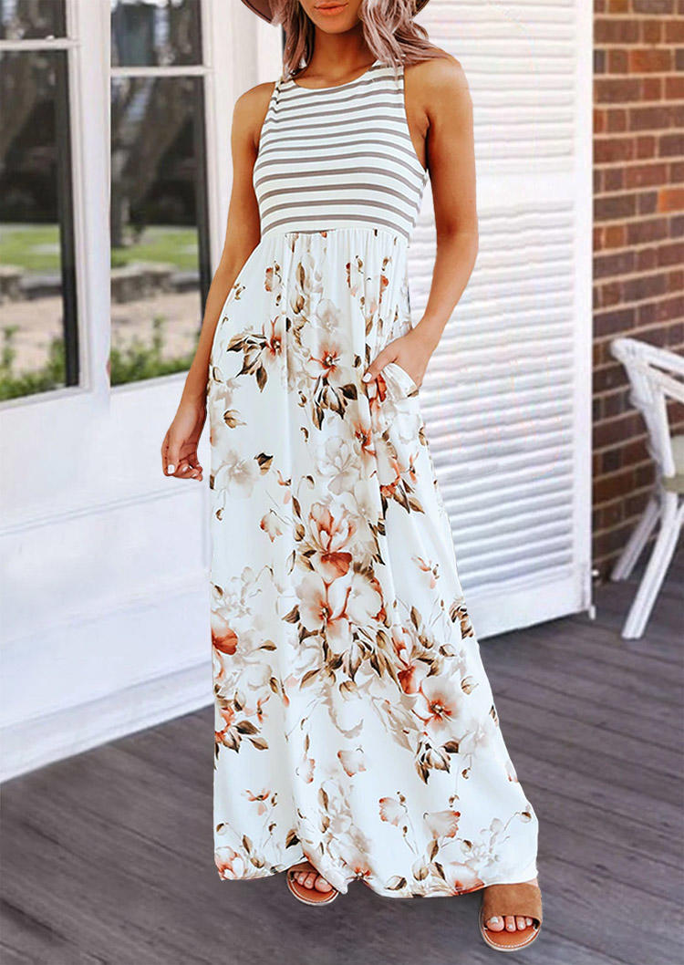 Floral Striped Pocket Sleeveless Maxi Dress - White