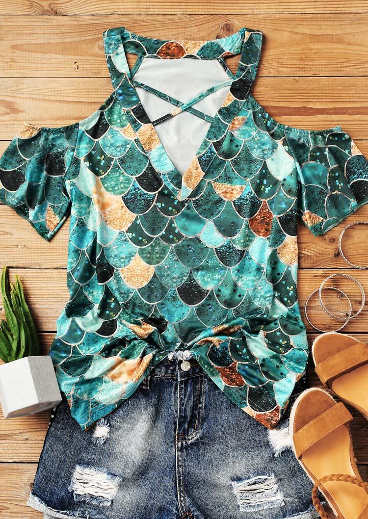 Blouses Colorful Mermaid Scales Criss-Cross Cold Shoulder Blouse in Multicolor. Size: S,M,XL