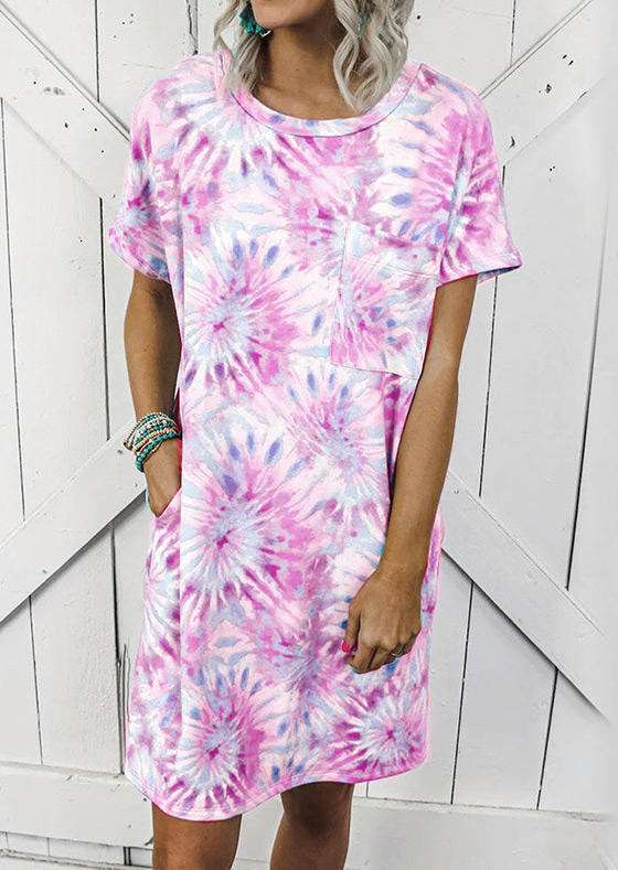 

Mini Dresses Tie Dye Swirl Pocket O-Neck Mini Dress in Purple. Size