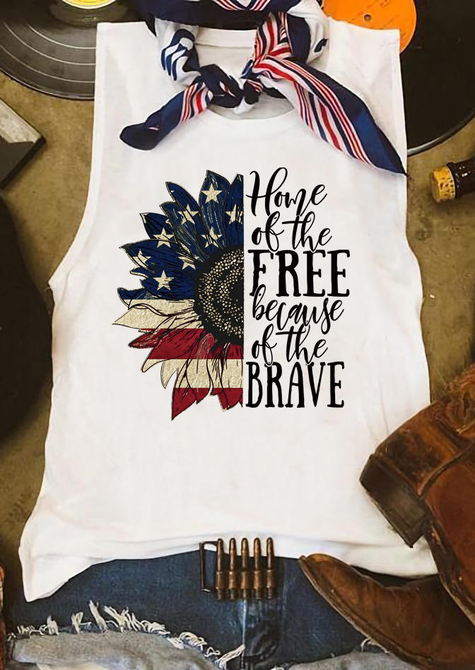 

Tank Tops Sunflower American Flag Home Of The Free Because Of The Brave Tank Top in White. Size