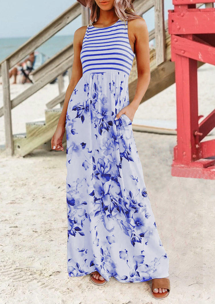 

Maxi Dresses Floral Striped Pocket Sleeveless Maxi Dress in Royal Blue. Size: ,L