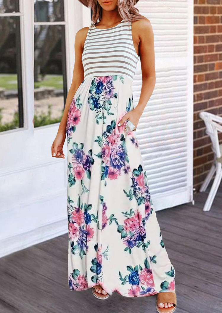 

Maxi Dresses Striped Floral Splicing Pocket Sleeveless Maxi Dress in White. Size