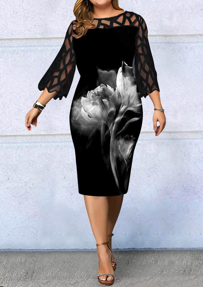 

Plus Size Dresses Plus Size Lace Mesh Splicing Floral Mini Dress in Black. Size
