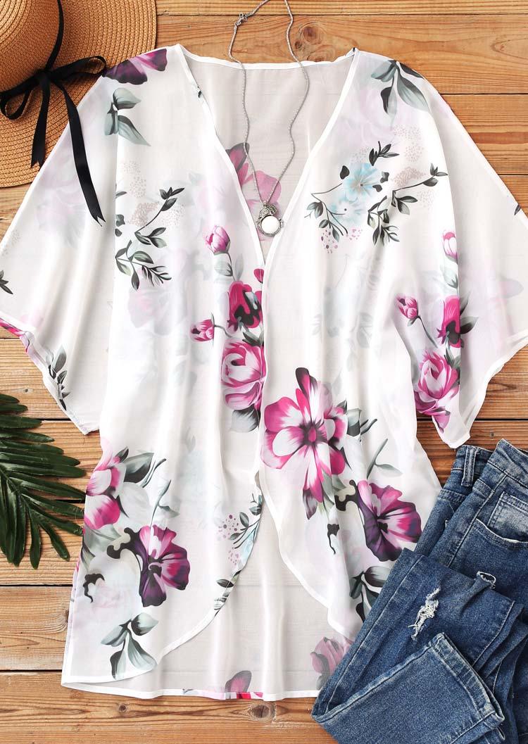 

Cardigans Floral Sun Protection Open Front Cardigan in White. Size