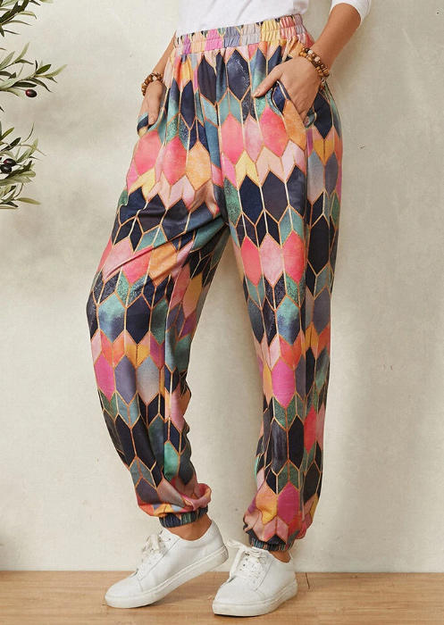 

Pants Colorful Geometric Elastic Waist Pocket Pants in Multicolor. Size: ,XL
