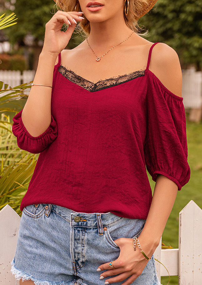 Blouses Lace Splicing Hollow Out Cold Shoulder Blouse in Burgundy. Size: M,L,XL