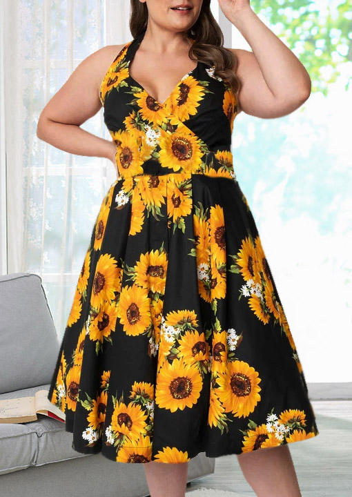 

Plus Size Dresses Plus Size Sunflower Open Back Ruffled Halter Midi Dress in Black. Size: ,XL