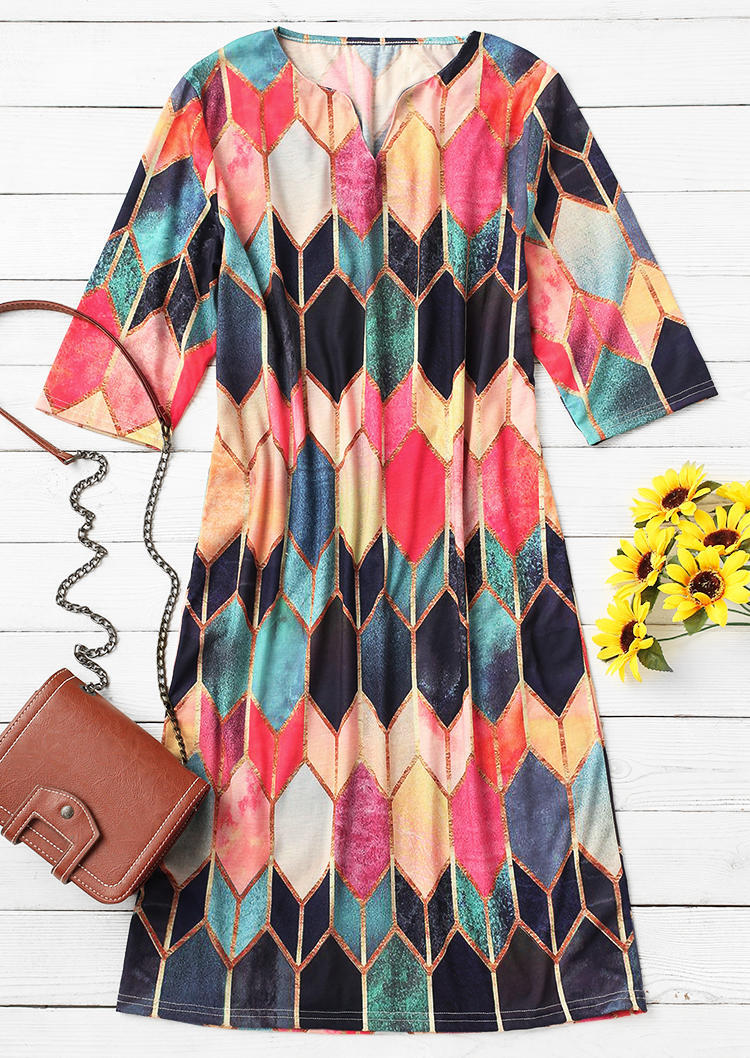 

Mini Dresses Colorful Geometric Notched Neck Mini Dress in Multicolor. Size