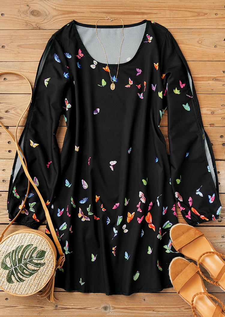 

Mini Dresses Colorful Butterfly Cold Shoulder Long Sleeve Mini Dress in Black. Size