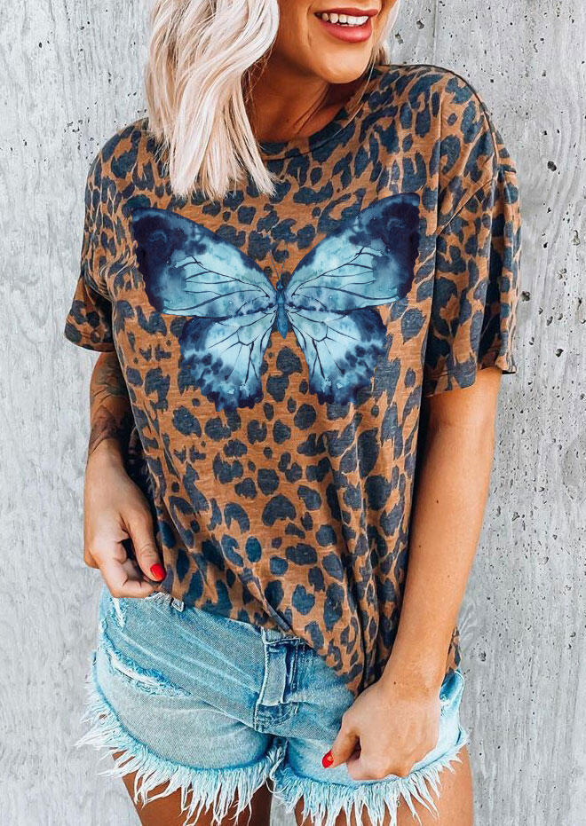 T-shirts Tees Leopard Butterfly O-Neck T-Shirt Tee in Leopard. Size: S,M,L