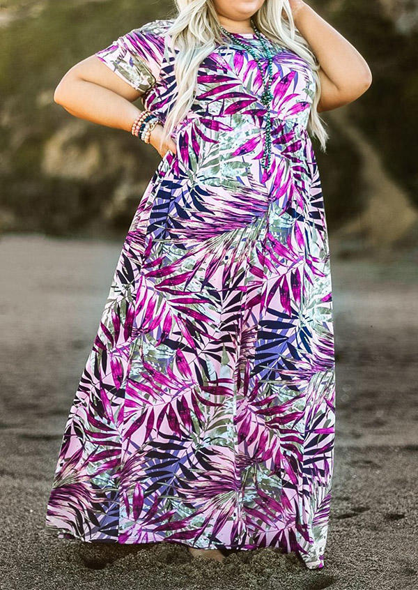 Plus Size Palm Leaf Maxi Dress - Purple
