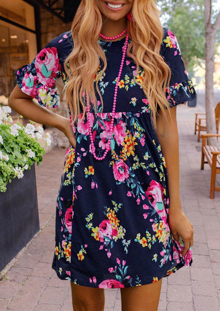 

Mini Dresses Vintage Floral Ruffled O-Neck Mini Dress in Multicolor. Size