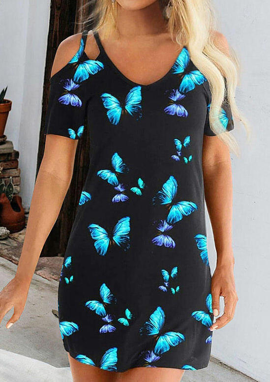 

Mini Dresses Butterfly Cold Shoulder Short Sleeve Mini Dress in Black. Size: ,M