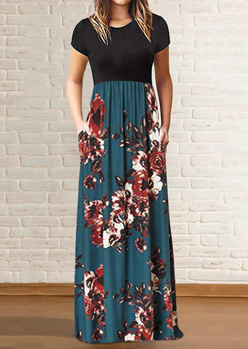 Burgundy Floral Bottoms Patchwork Black Top Short Sleeves Maxi Dress for Women in Red. Size: 2XL,3XL,L,M,S,XL
