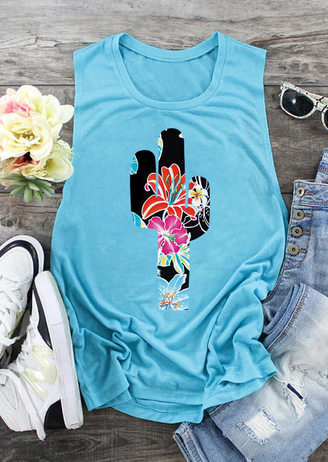 Tank Tops Floral Cactus O-Neck Tank Top in Blue. Size: L