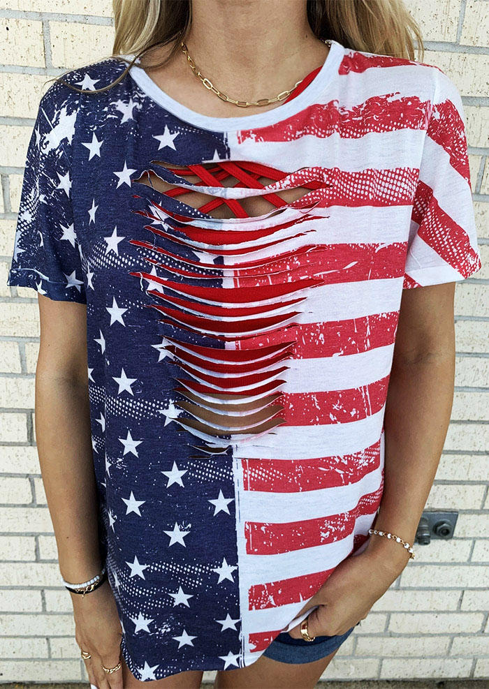 

Blouses American Flag Star Striped Hollow Out Blouse in Multicolor. Size
