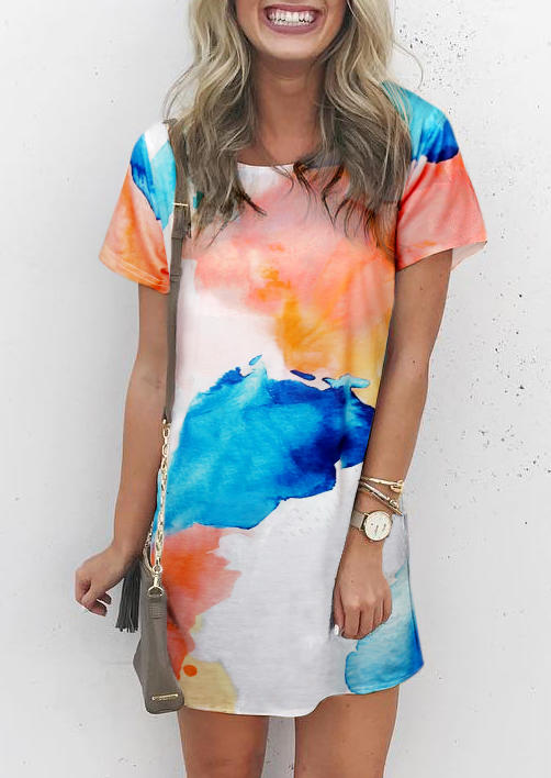 

Mini Dresses Tie Dye Color Block O-Neck Mini Dress in Multicolor. Size: ,L,XL