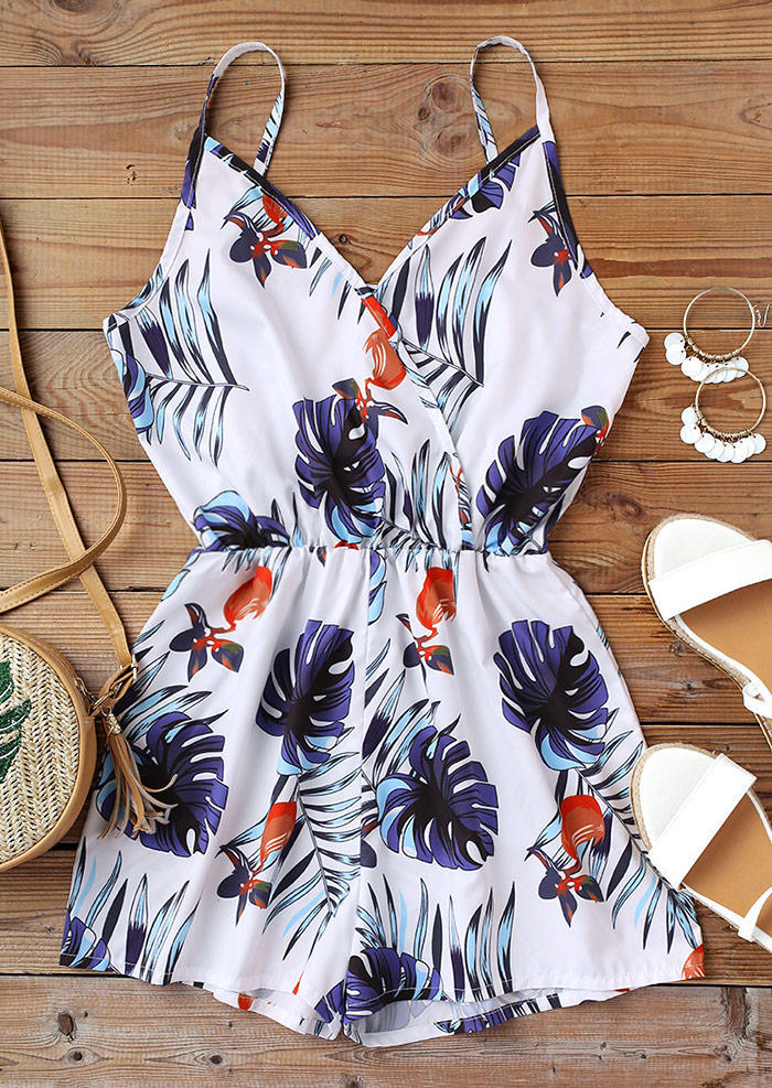 

Jumpsuits & Rompers Palm Leaf Adjustable Strap Elastic Waist Romper in White. Size