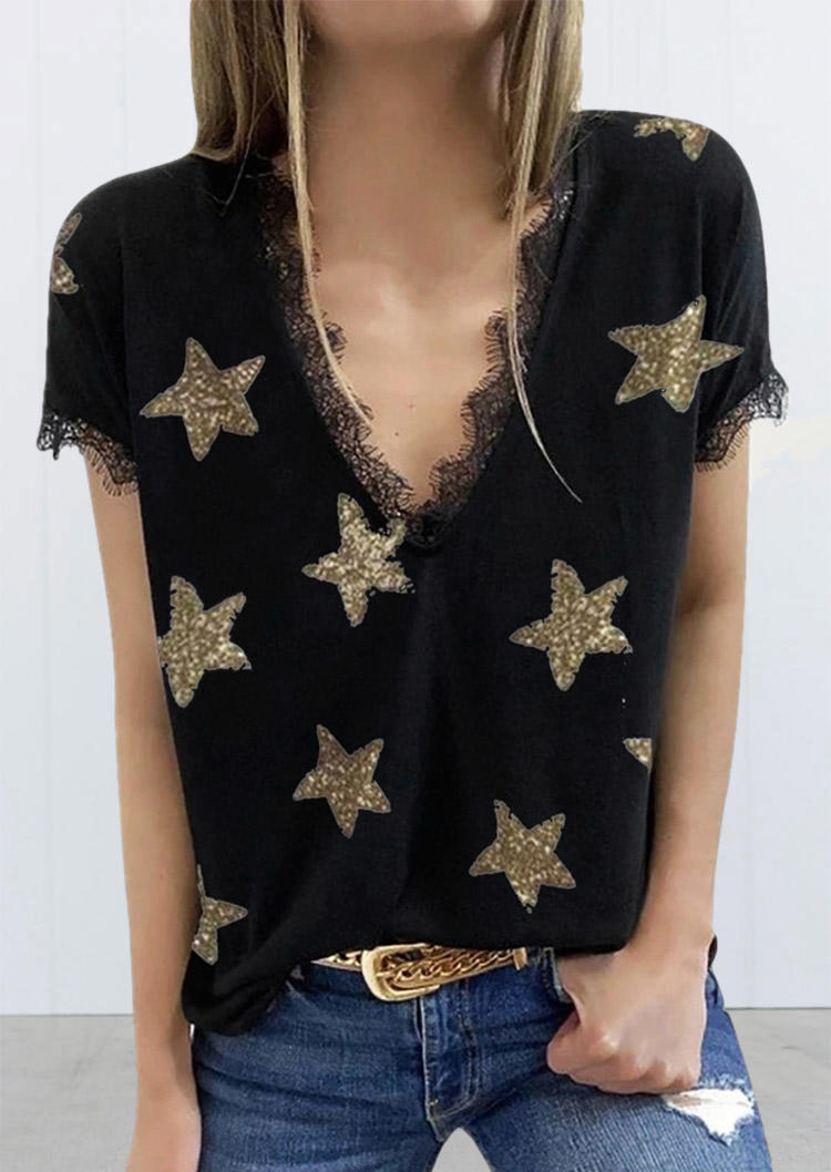 

Blouses Star Lace Trim V-Neck Blouse in Black. Size