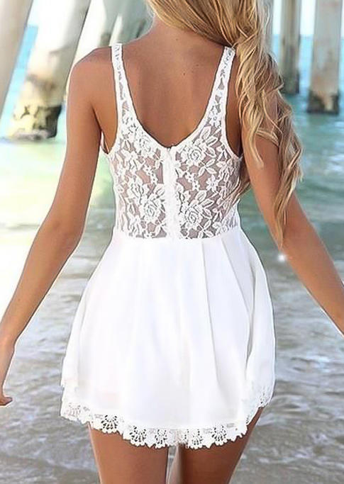 Mini Dresses Lace Hollow Out Ruffled Zipper Sleeveless Mini Dress in White. Size: M,L