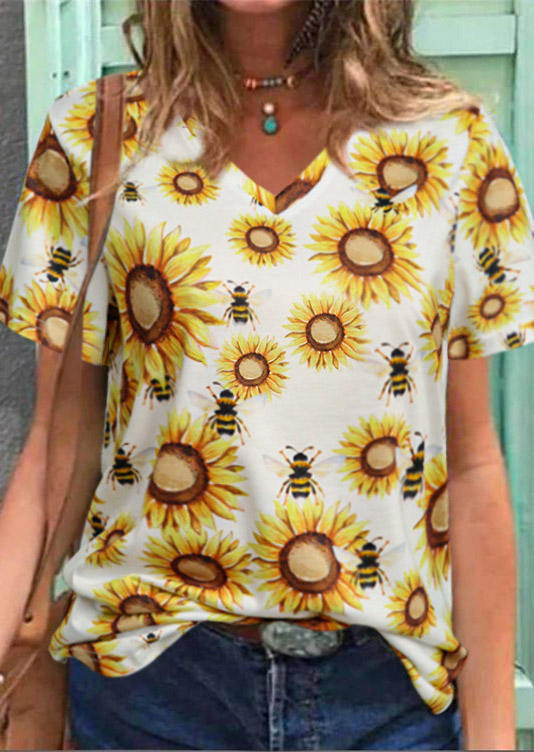 T-shirts Tees Sunflower Bee V-Neck T-Shirt Tee in White. Size: S
