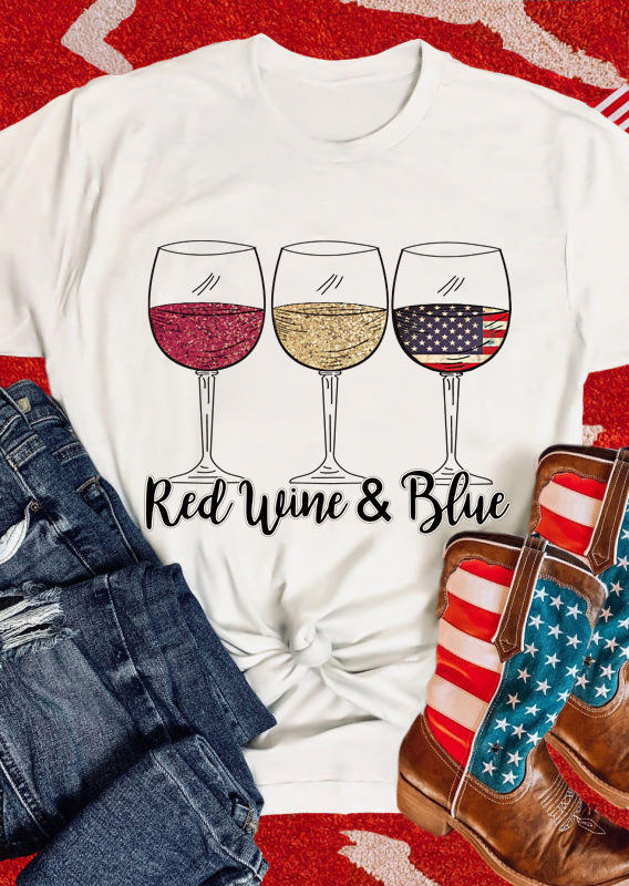 Red Wine And Blue American Flag T-Shirt Tee - White