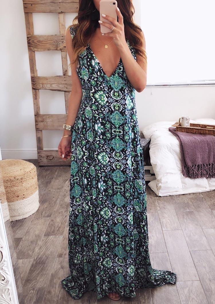 

Maxi Dresses Floral V-Neck Sleeveless Maxi Dress in Multicolor. Size