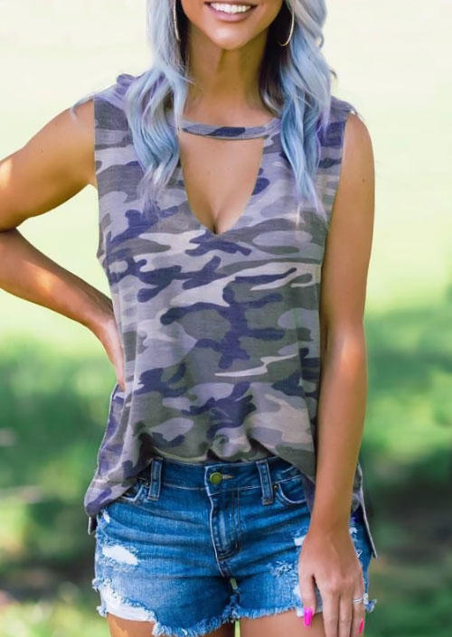 

Tank Tops Camouflage Hollow Out Keyhole Neck Tank Top in Camouflage. Size