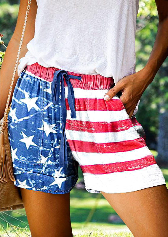 

Shorts American Flag Star Striped Pocket Elastic Waist Shorts in Multicolor. Size