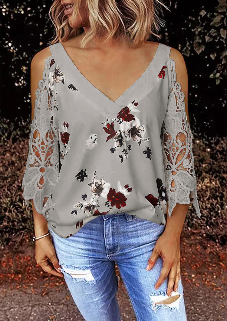 Floral Lace Splicing Cold Shoulder V-Neck Blouse - Gray
