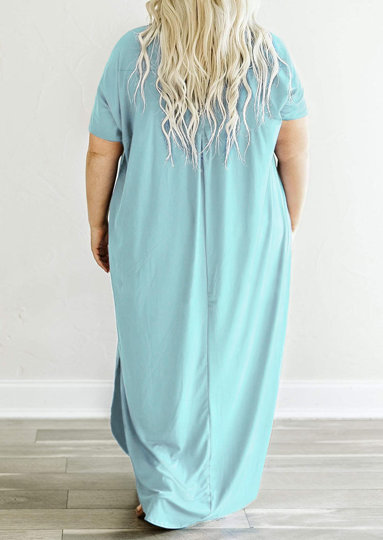 

Plus Size Dresses Plus Size Ruffled Slit Pocket V-Neck Maxi Dress in Cyan. Size: ,XL