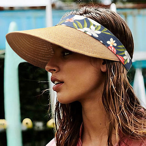 

Hats Floral Leaf Straw Visor Rolled Up Adjustable Sun Hat in Khaki. Size