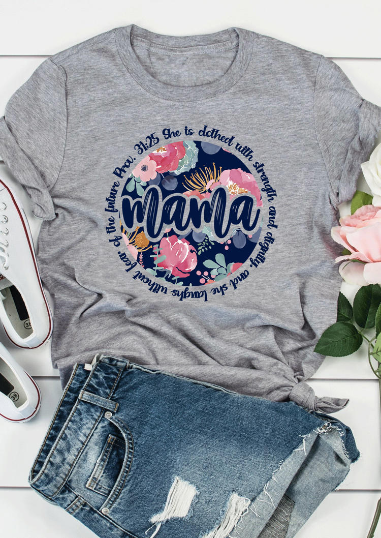 

T-shirts Tees She Is Clothed With Strength Mama Floral T-Shirt Tee in Gray. Size