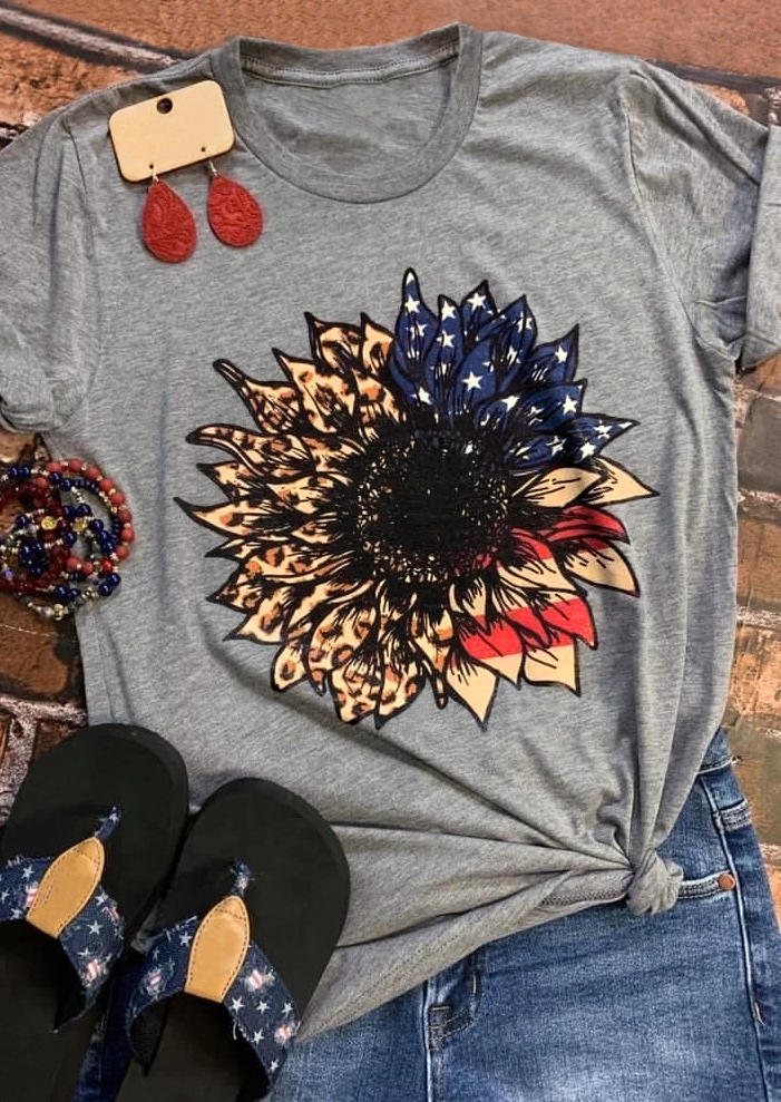 

T-shirts Tees Leopard Sunflower American Flag Star Striped T-Shirt Tee in Gray. Size