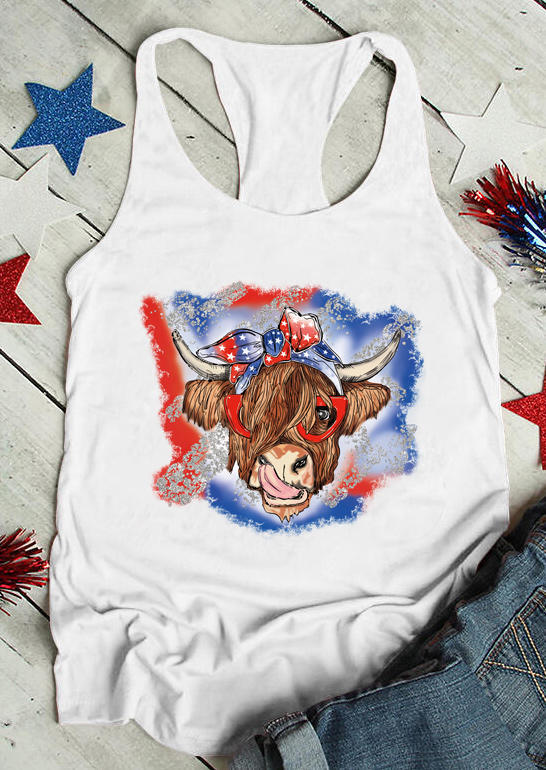 

Tank Tops Highland Cow American Flag Star Bowknot Racerback Tank Top in White. Size