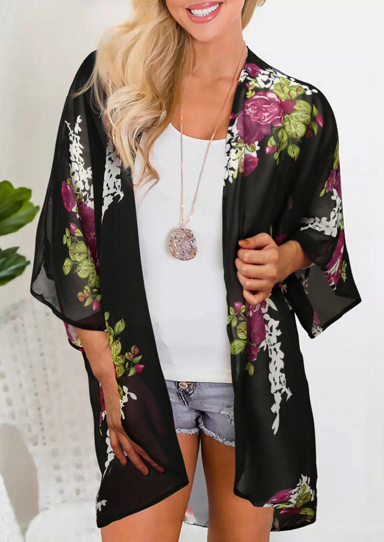 

Cardigans Floral Batwing Sleeve Open Front Cardigan in Black. Size