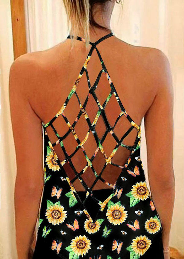 

Tank Tops Sunflower Butterfly Bee Criss-Cross Open Back Camisole in Black. Size