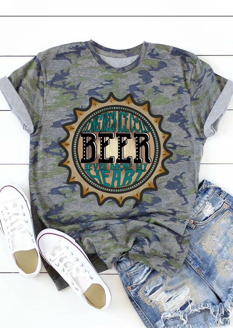 T-shirts Tees Camouflage Beer Never Broke My Heart T-Shirt Tee in Camouflage. Size: M,L