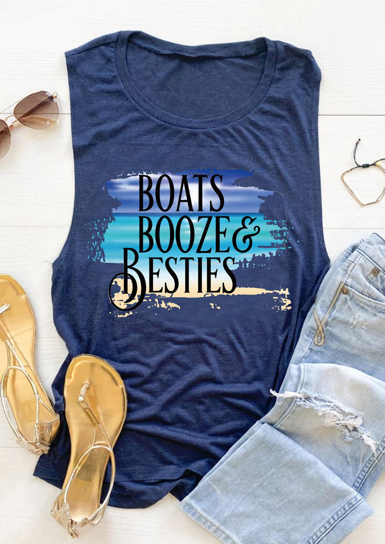 

Tank Tops Boats Booze & Besties O-Neck Tank Top in Navy Blue. Size