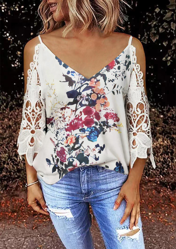 

Blouses Floral Lace Splicing Cold Shoulder V-Neck Blouse in White. Size: ,M,XL