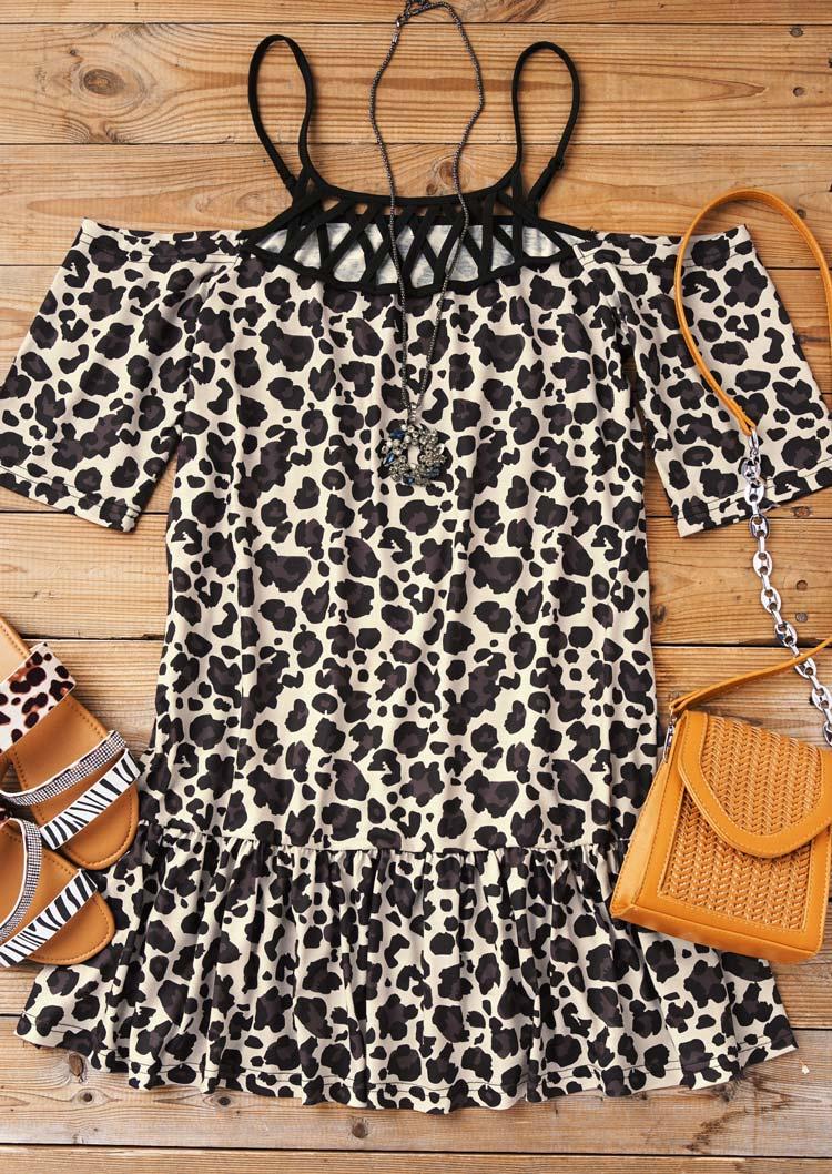 Mini Dresses Leopard Ruffled Criss-Cross Hollow Out Cold Shoulder Mini Dress in Leopard. Size: L,XL