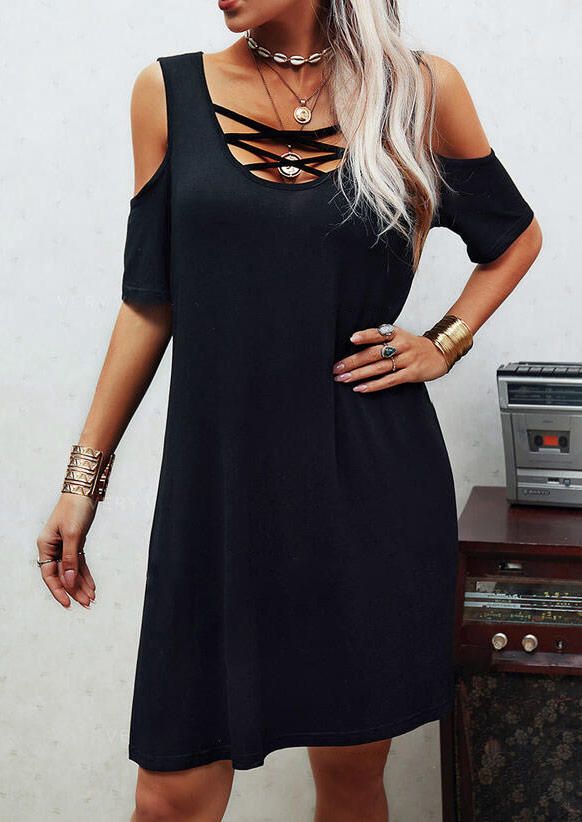 Mini Dresses Criss-Cross Cold Shoulder Mini Dress in Black. Size: L,M,S