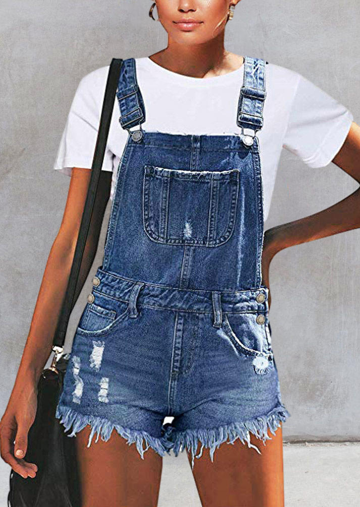 

Jumpsuits & Rompers Pocket Button Ripped Hole Denim Overall Romper in Blue. Size