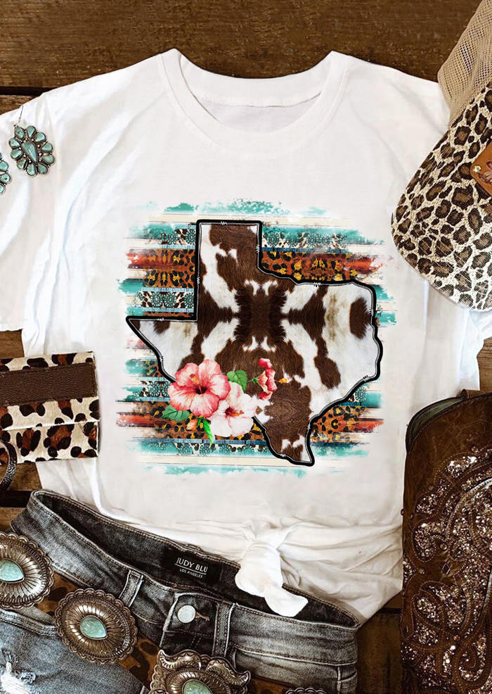 

T-shirts Tees Cowhide Texas Map Leopard Flower Western T-Shirt Tee in White. Size