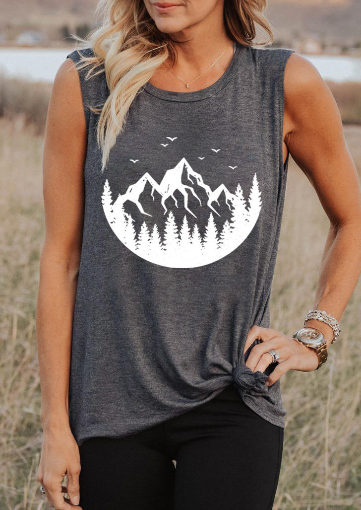 

Tank Tops Mountain Tree Bird Camping Casual Tank Top in Dark Grey. Size