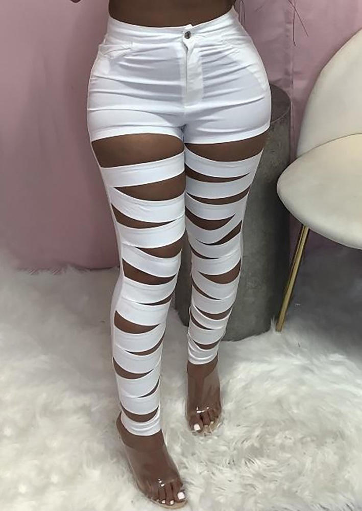 

Pants Hollow Out Zipper Button Skinny Pants in White. Size: ,M,L