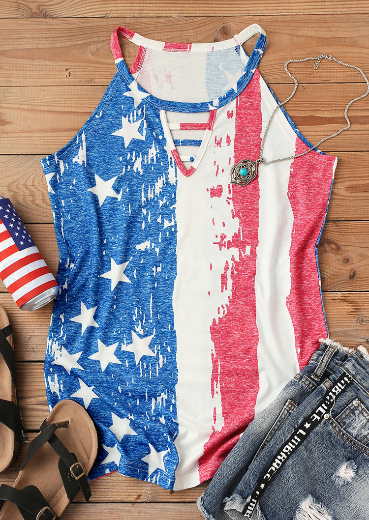 

Tank Tops American Flag Star Keyhole Neck Casual Tank Top in Multicolor. Size