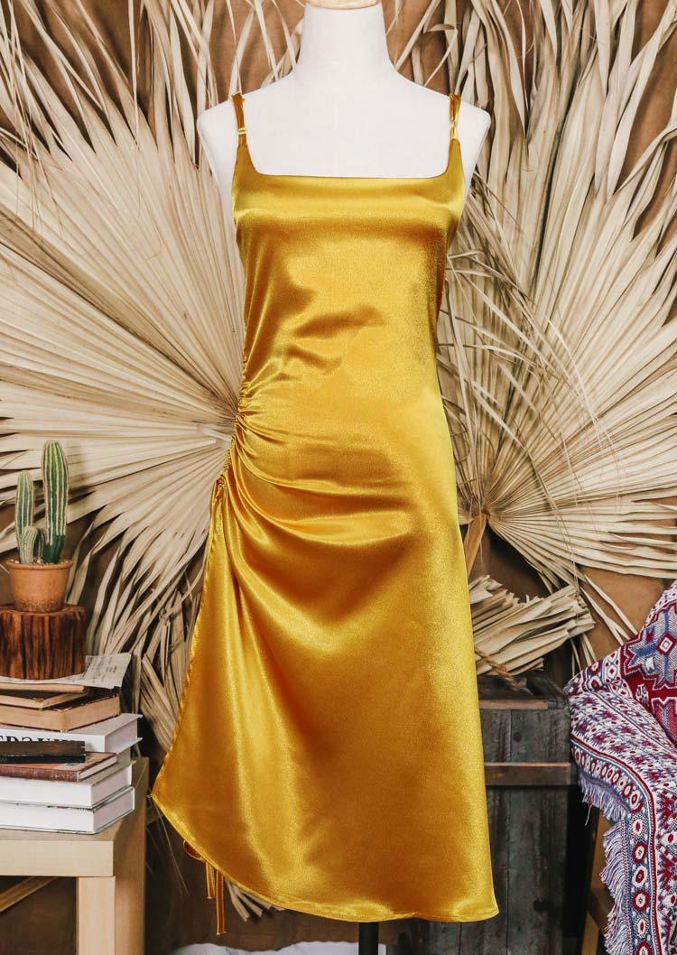 

Midi Dresses Drawstring Ruffled Slit Spaghetti Strap Midi Dress in Gold. Size