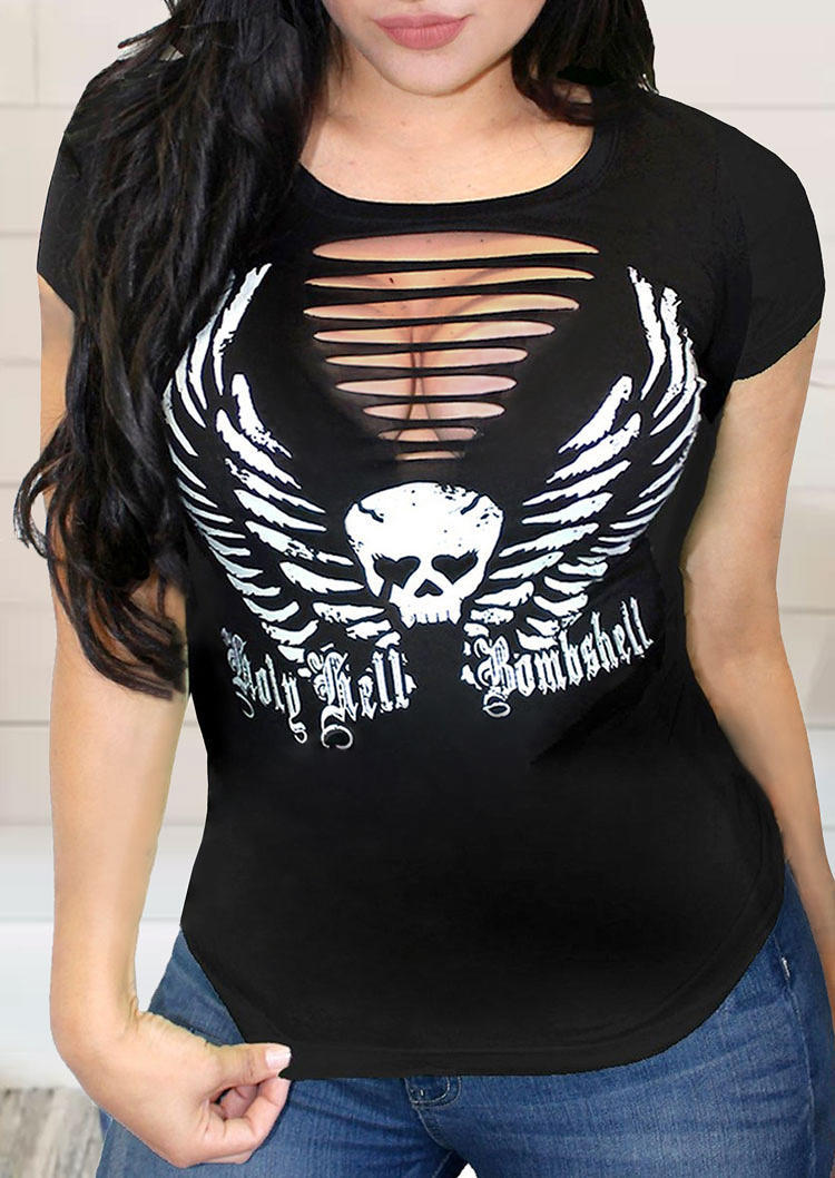 

T-shirts Tees Holy Hell Bombshell Skull Motorcyle Keyhole Neck T-Shirt Tee in Black. Size